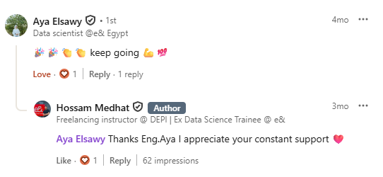 LinkedIn Comment - Aya Elsawy, Data Scientist @ e& Egypt