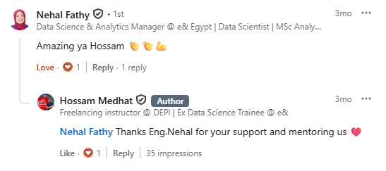 LinkedIn Comment - Nehal Fathy, Data Science & Analytics Manager @ e& Egypt